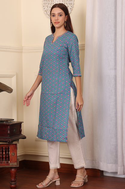 Blue Geometric Printed Pure Cotton Straight Kurta - wforwoman