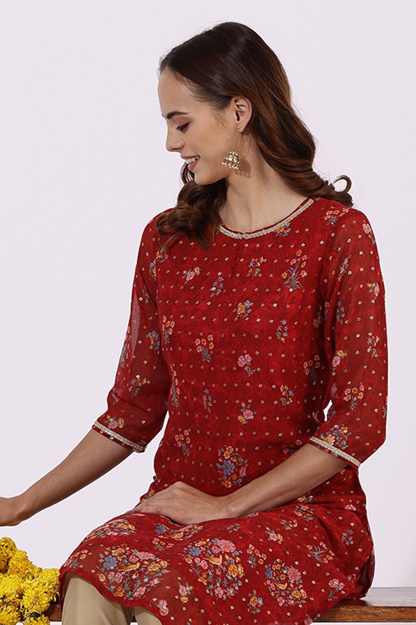 Red Printed Lace Straight Kurta