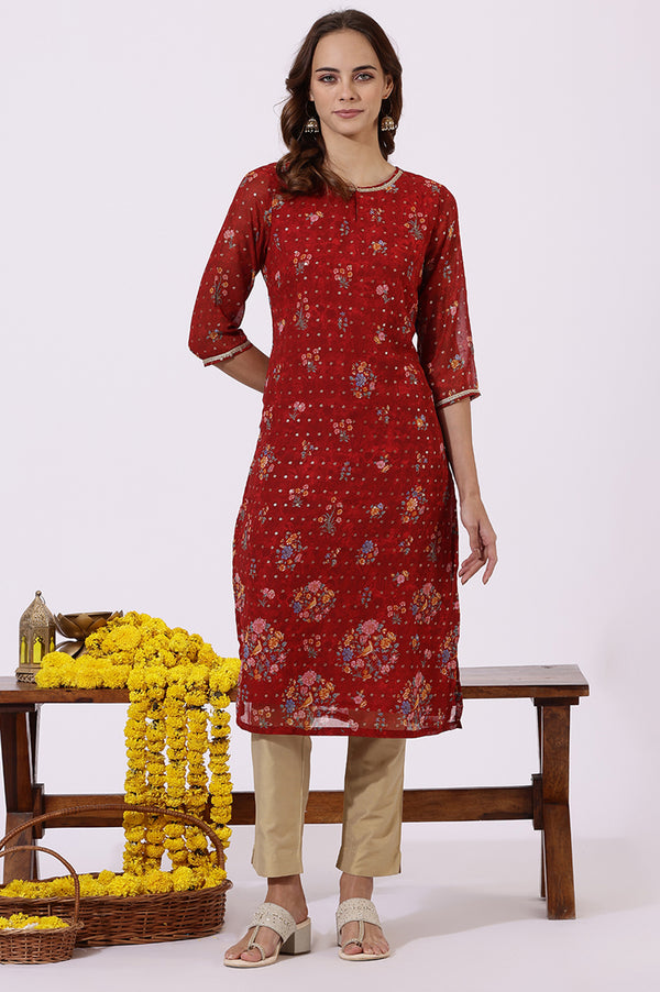 Red Printed Lace Straight Kurta