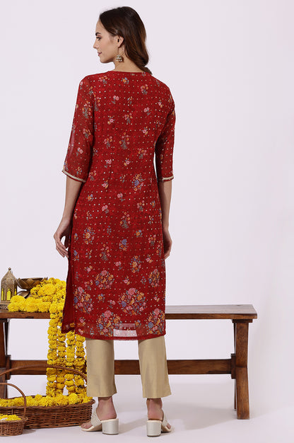 Red Printed Lace Straight Kurta