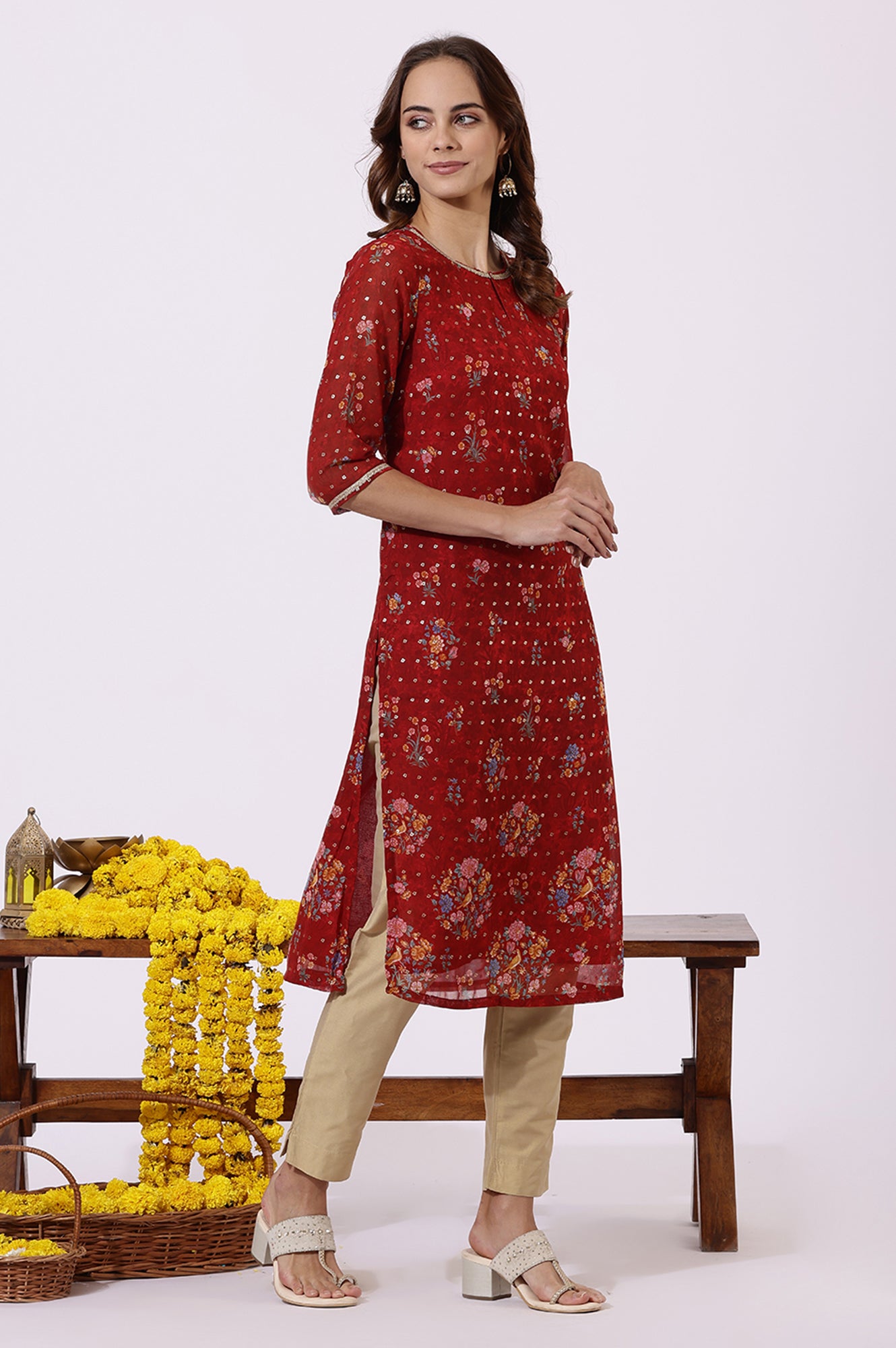 Red Printed Lace Straight Kurta