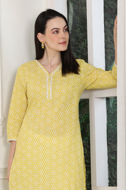 Yellow Floral Printed Pure Cotton Soft &amp; Breathable Kurta With Lace - wforwoman