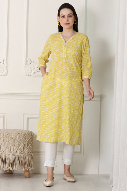 Yellow Floral Printed Pure Cotton Soft &amp; Breathable Kurta With Lace - wforwoman