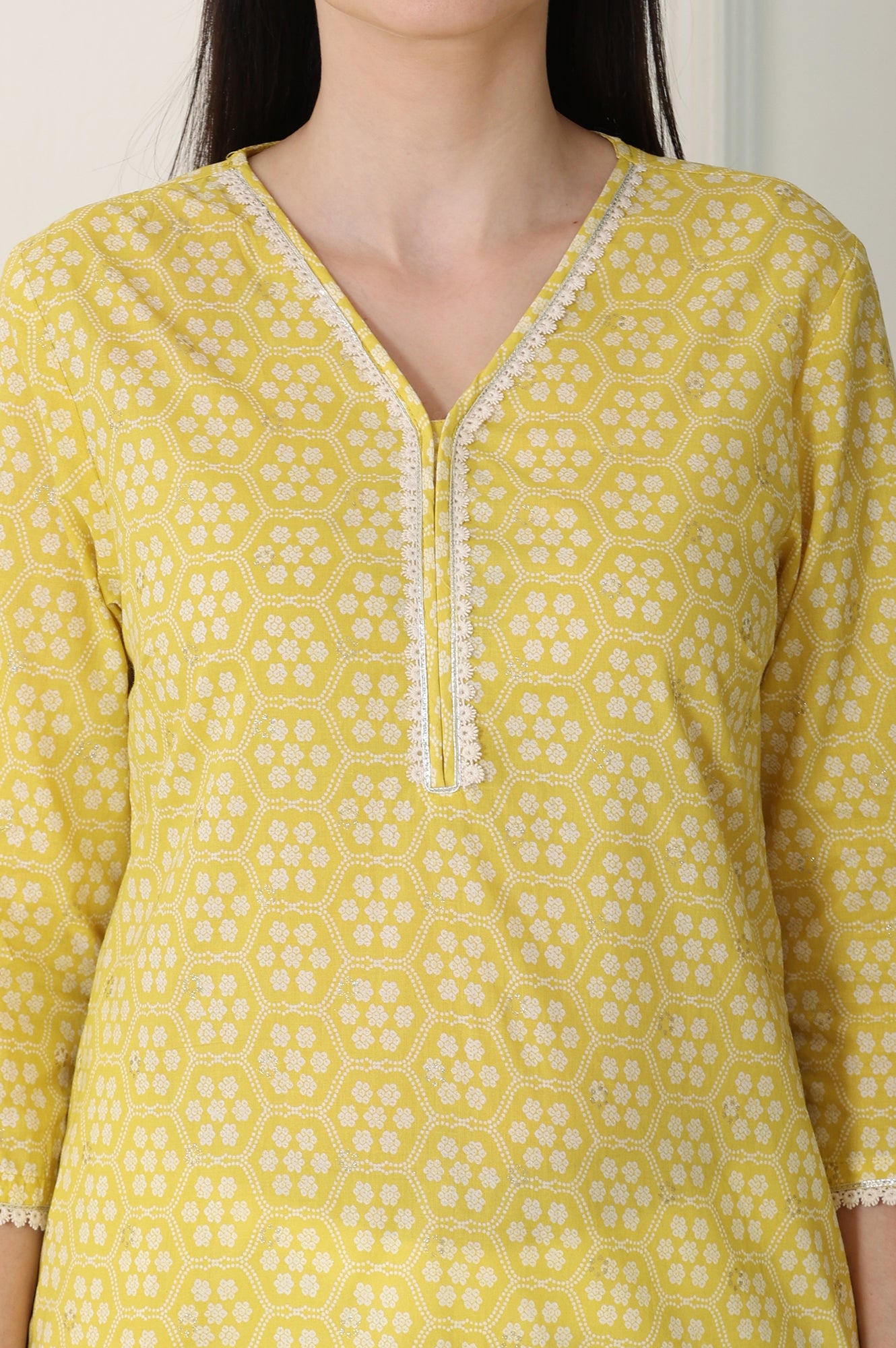 Yellow Floral Printed Pure Cotton Soft &amp; Breathable Kurta With Lace - wforwoman