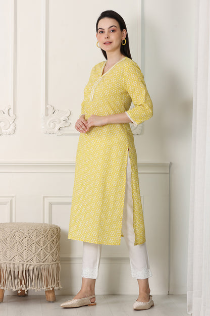 Yellow Floral Printed Pure Cotton Soft &amp; Breathable Kurta With Lace - wforwoman