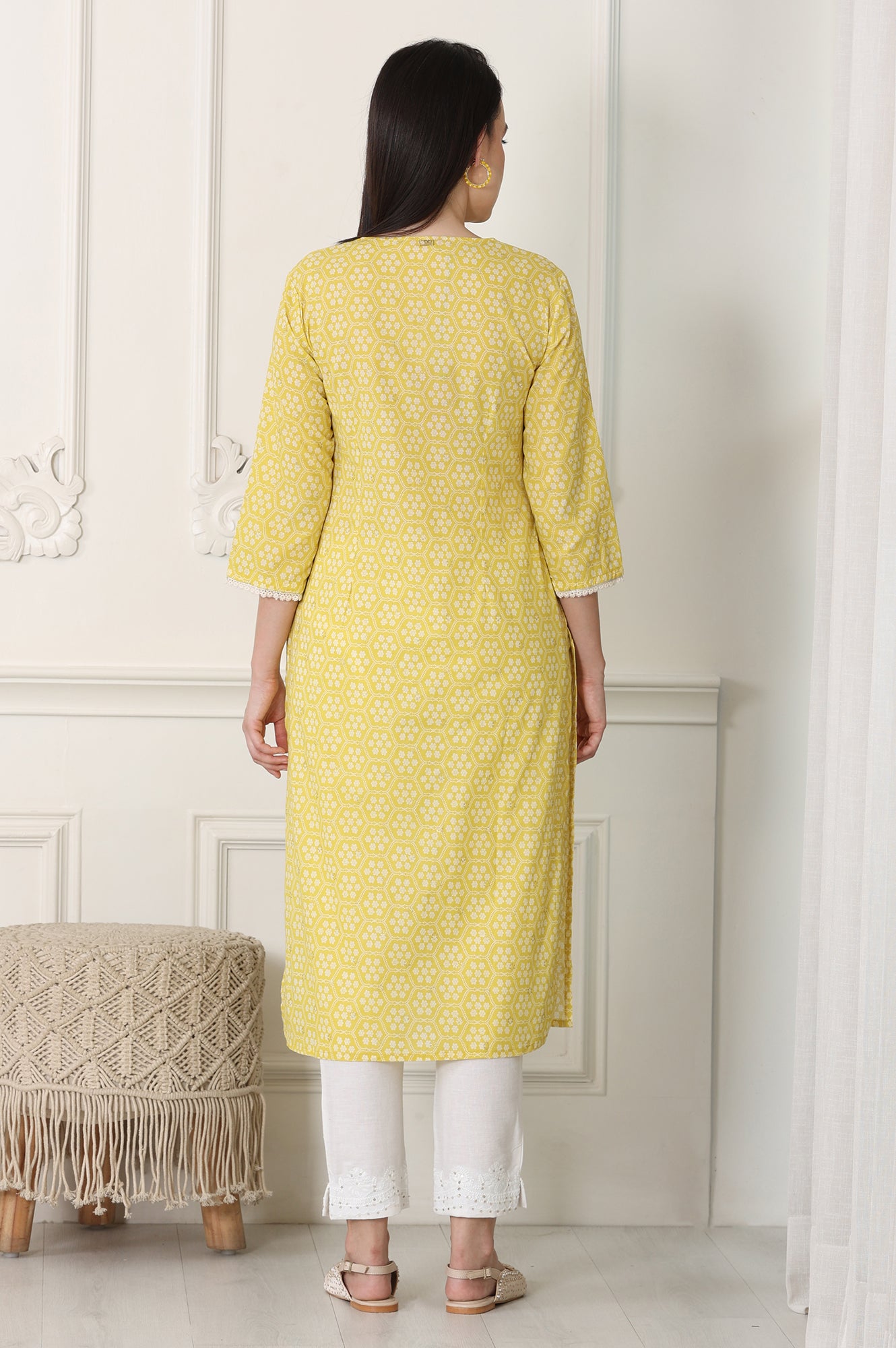 Yellow Floral Printed Pure Cotton Soft &amp; Breathable Kurta With Lace - wforwoman