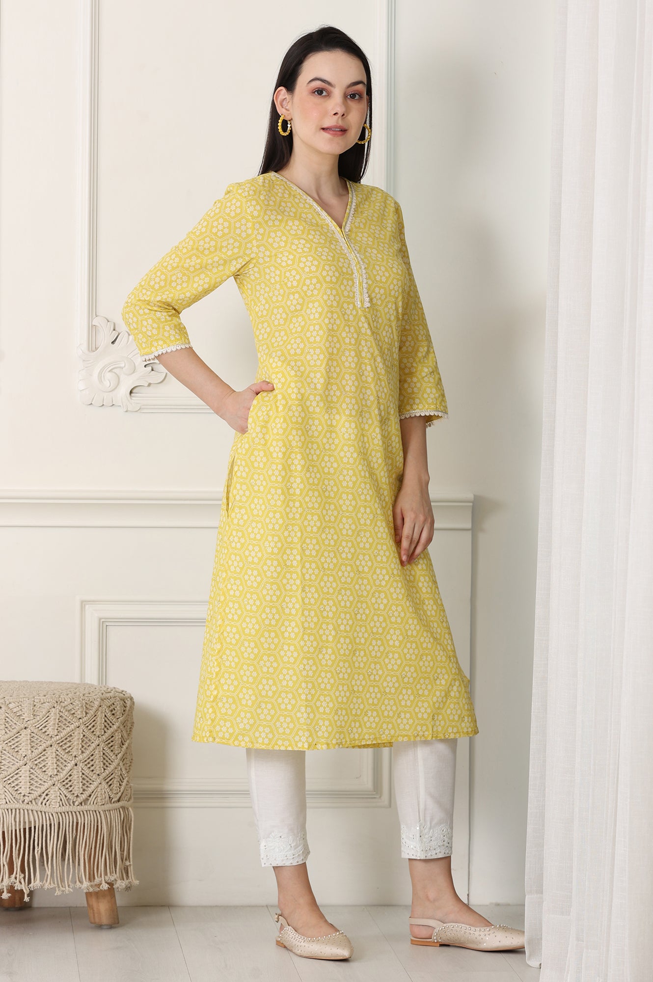 Yellow Floral Printed Pure Cotton Soft &amp; Breathable Kurta With Lace - wforwoman