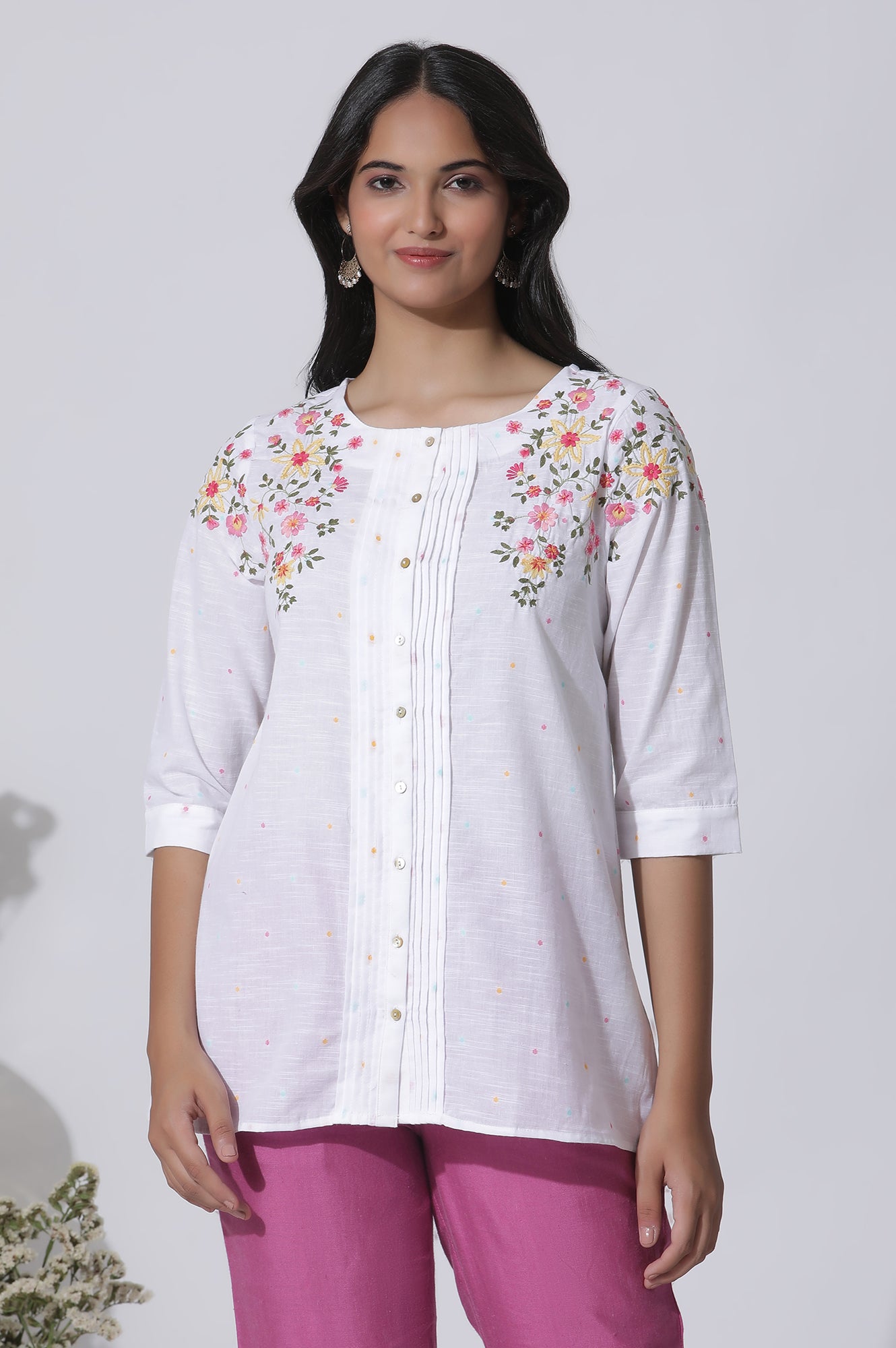 White Embroidered Cotton Top With Pintucks - wforwoman