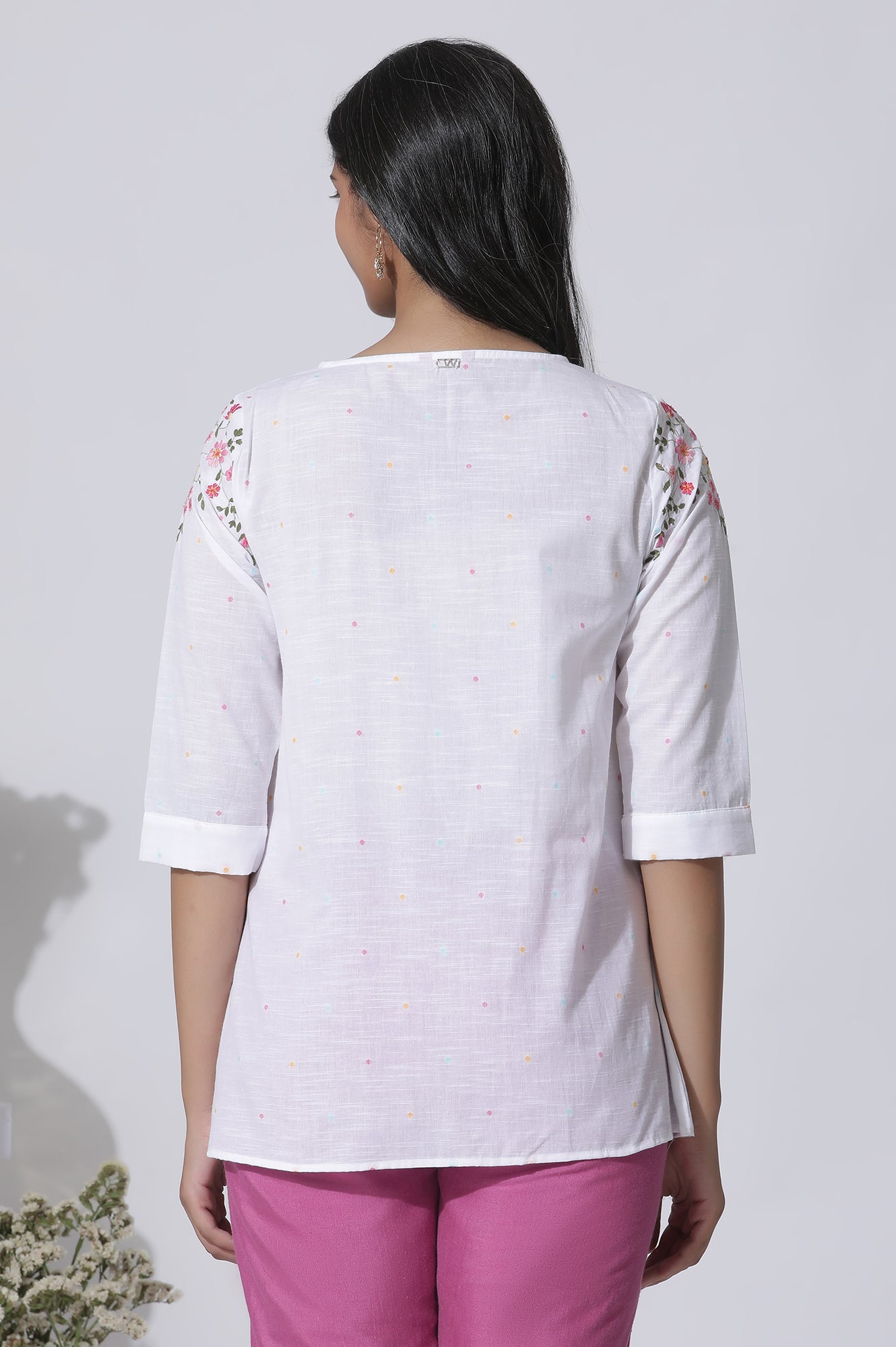 White Embroidered Cotton Top With Pintucks - wforwoman