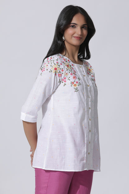 White Embroidered Cotton Top With Pintucks - wforwoman