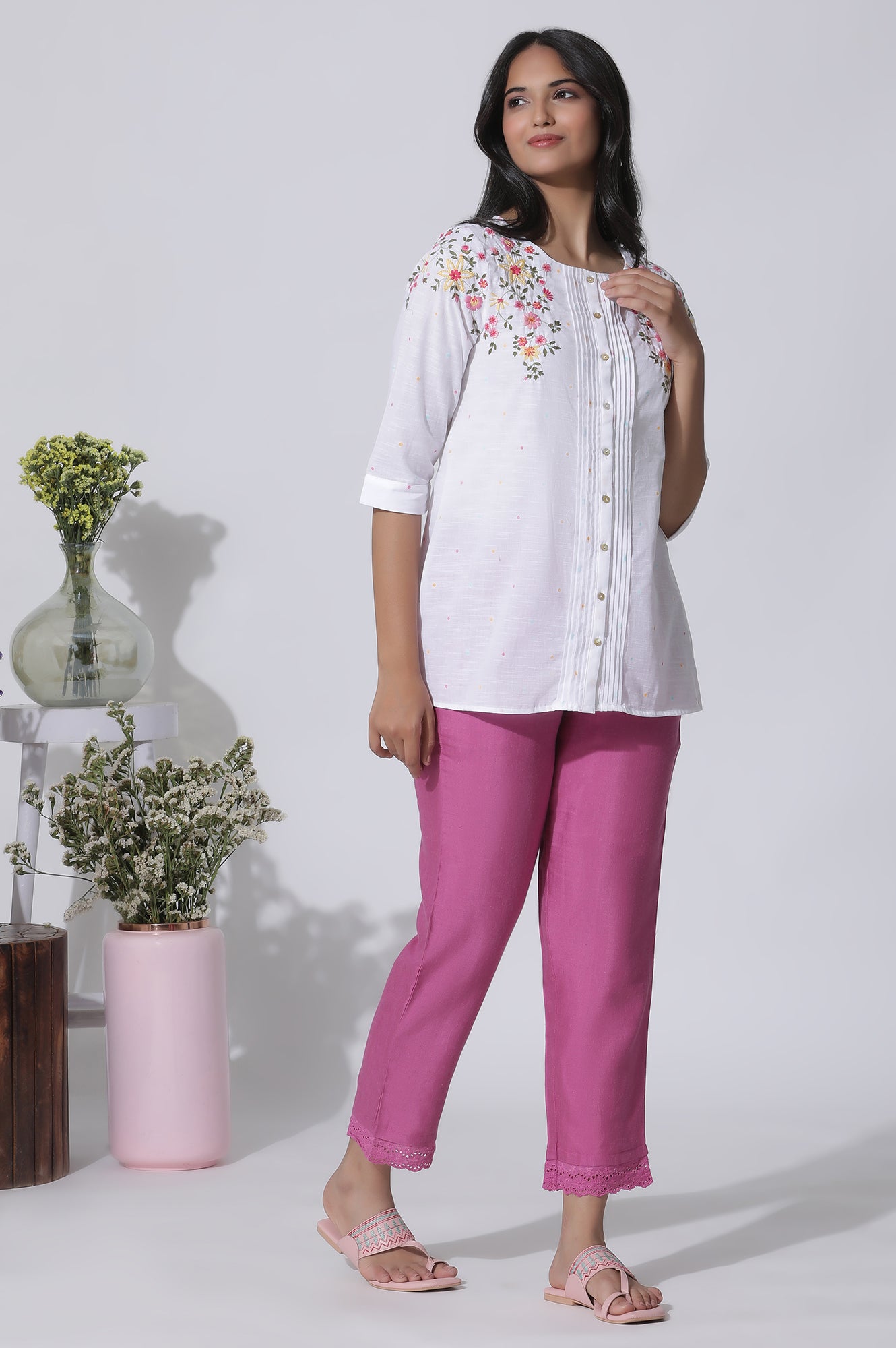 White Embroidered Cotton Top With Pintucks - wforwoman