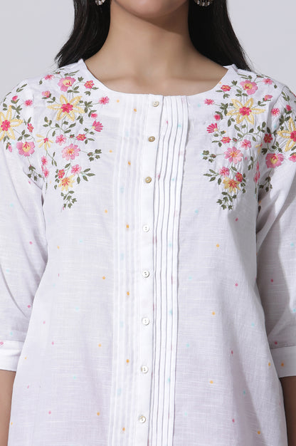 White Embroidered Cotton Top With Pintucks - wforwoman