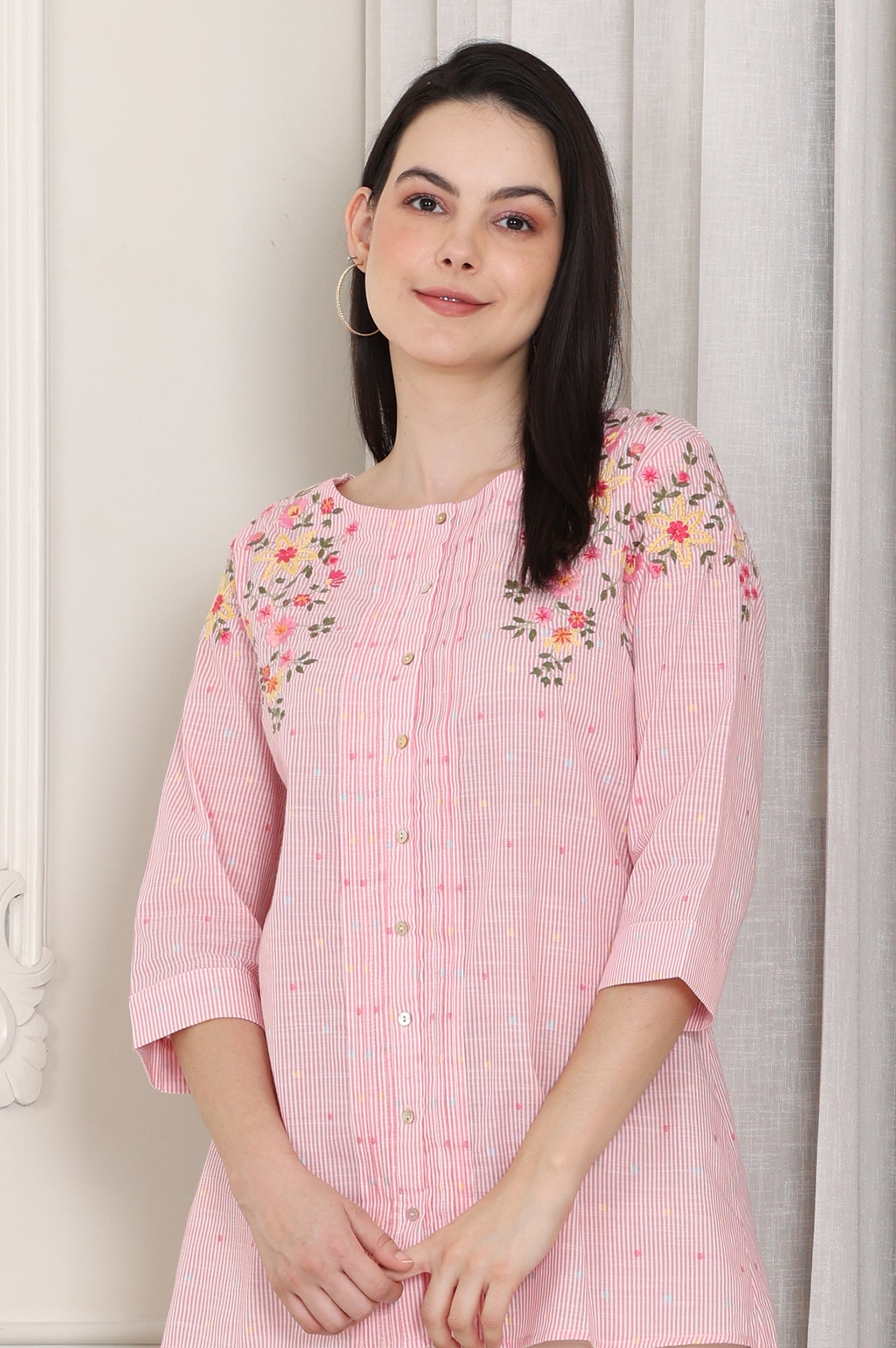 Pink Stripe Printed Thread Embroidered Pure Cotton Top - wforwoman