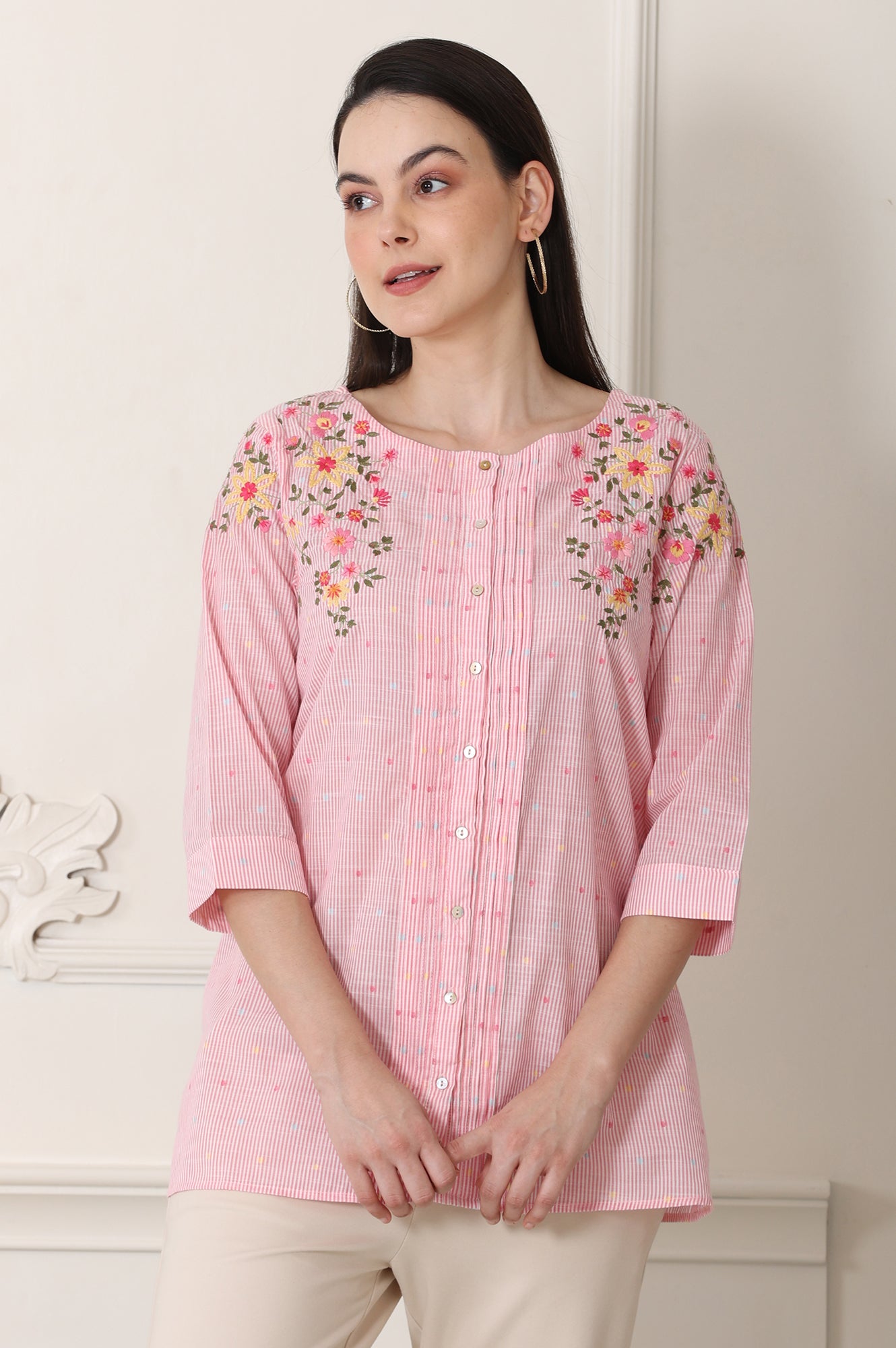 Pink Stripe Printed Thread Embroidered Pure Cotton Top - wforwoman