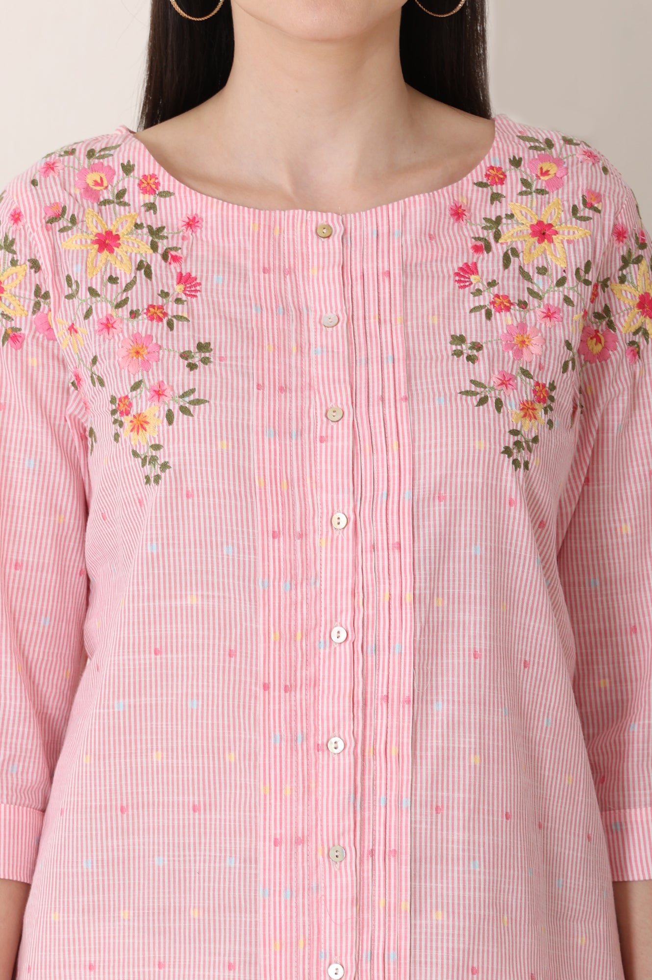 Pink Stripe Printed Thread Embroidered Pure Cotton Top - wforwoman