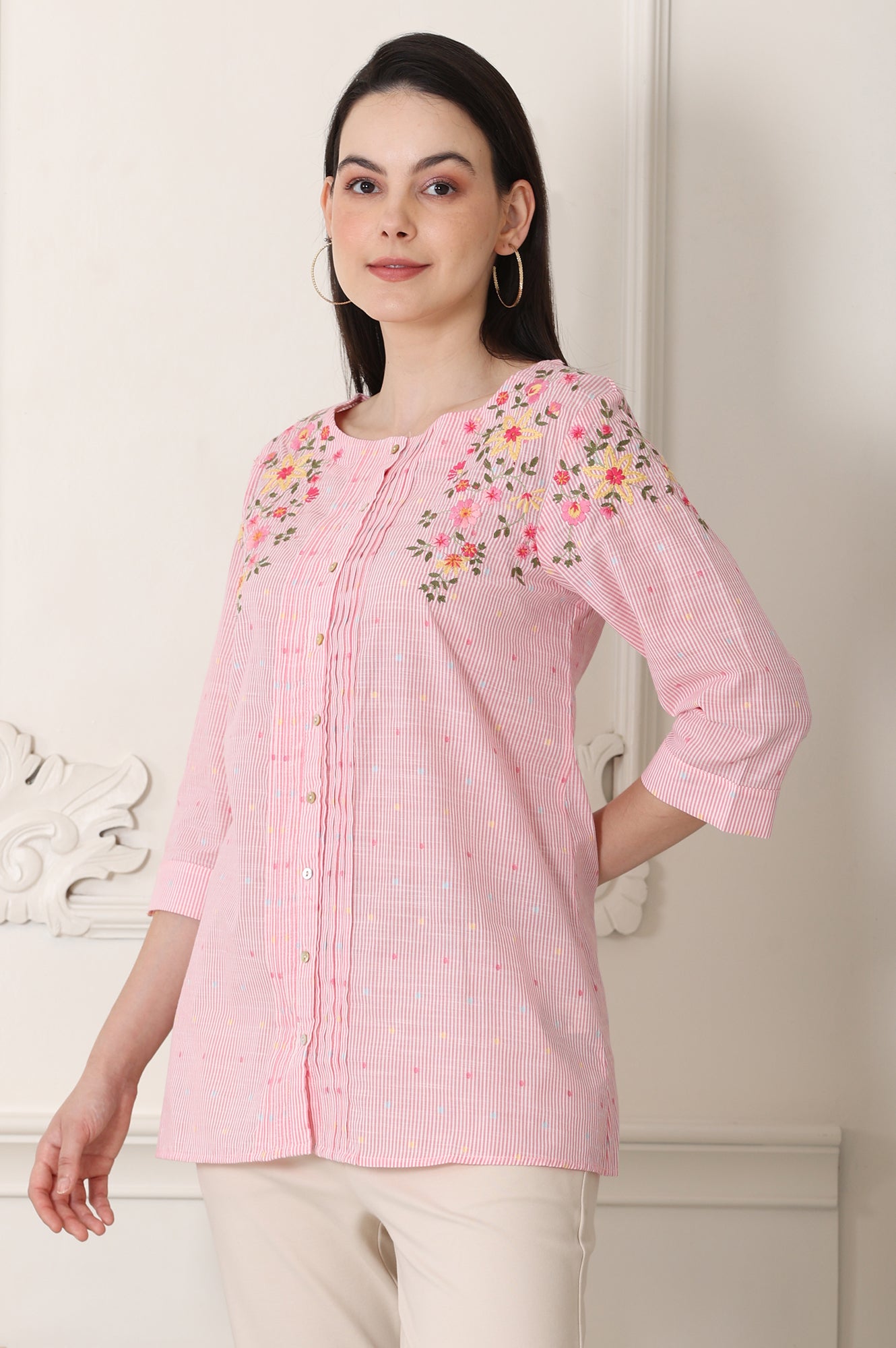 Pink Stripe Printed Thread Embroidered Pure Cotton Top - wforwoman