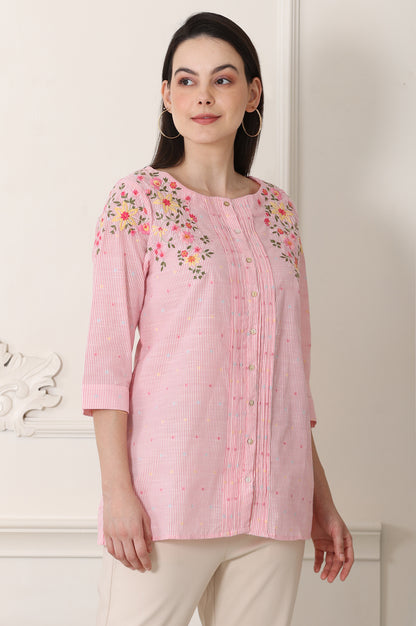 Pink Stripe Printed Thread Embroidered Pure Cotton Top - wforwoman