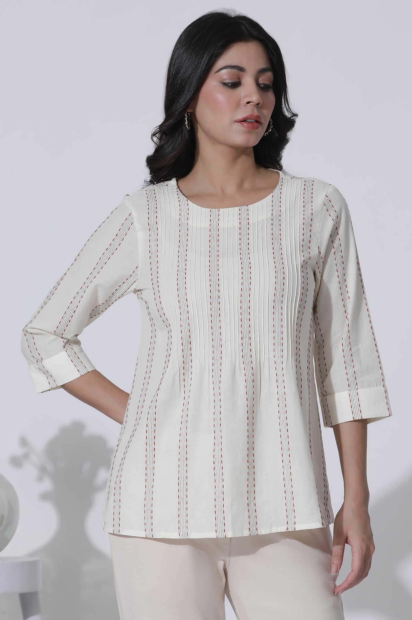 White Yarn-Dyed Stripes Cotton Top - wforwoman