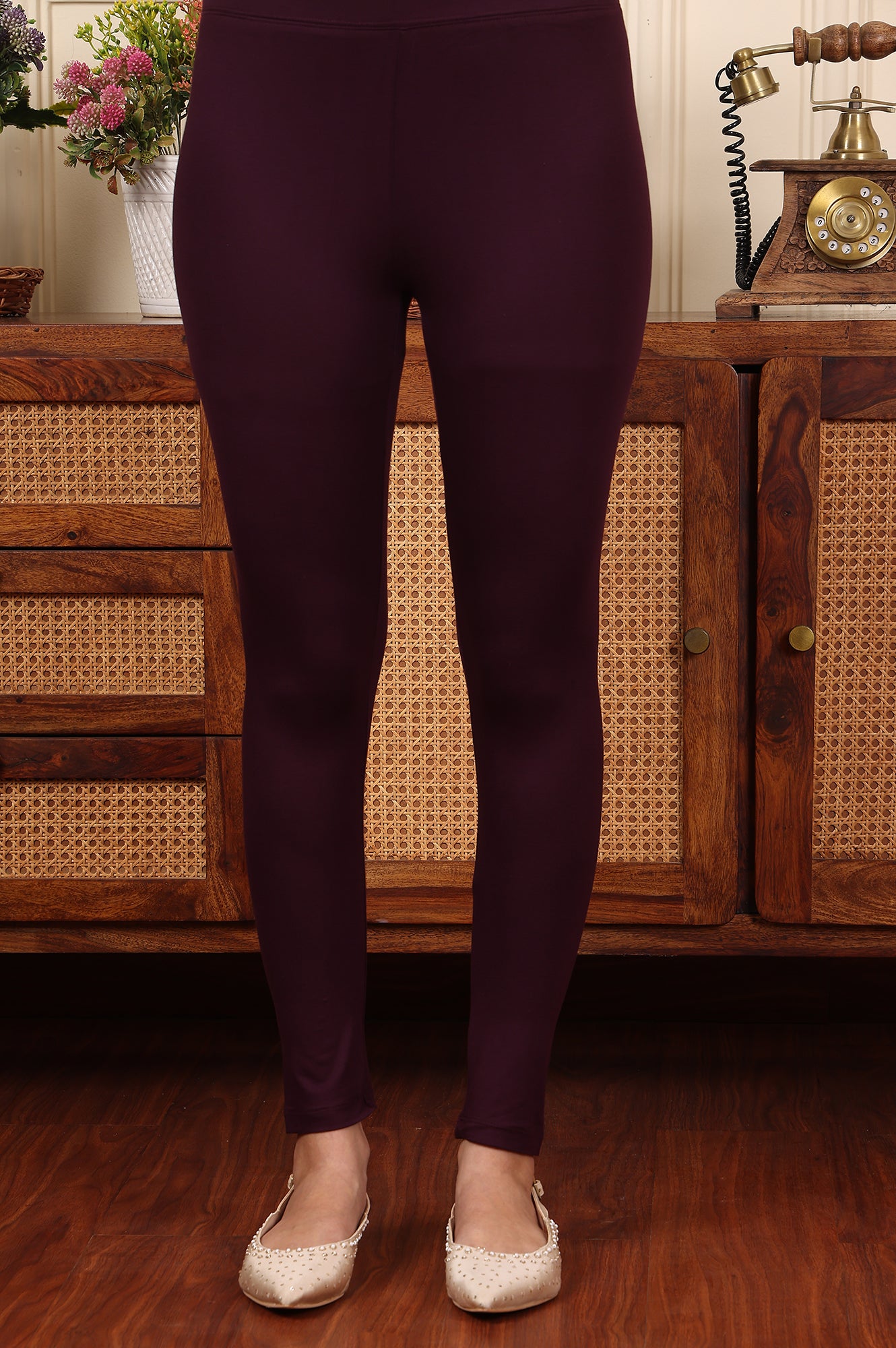 Wine Solid Viscose Lycra Tights With Elasticated Band - wforwoman