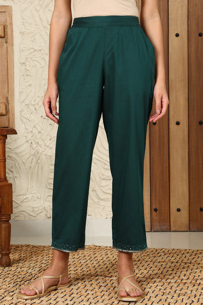 Green Ankle Length Straight Pants With Embellished Hemline