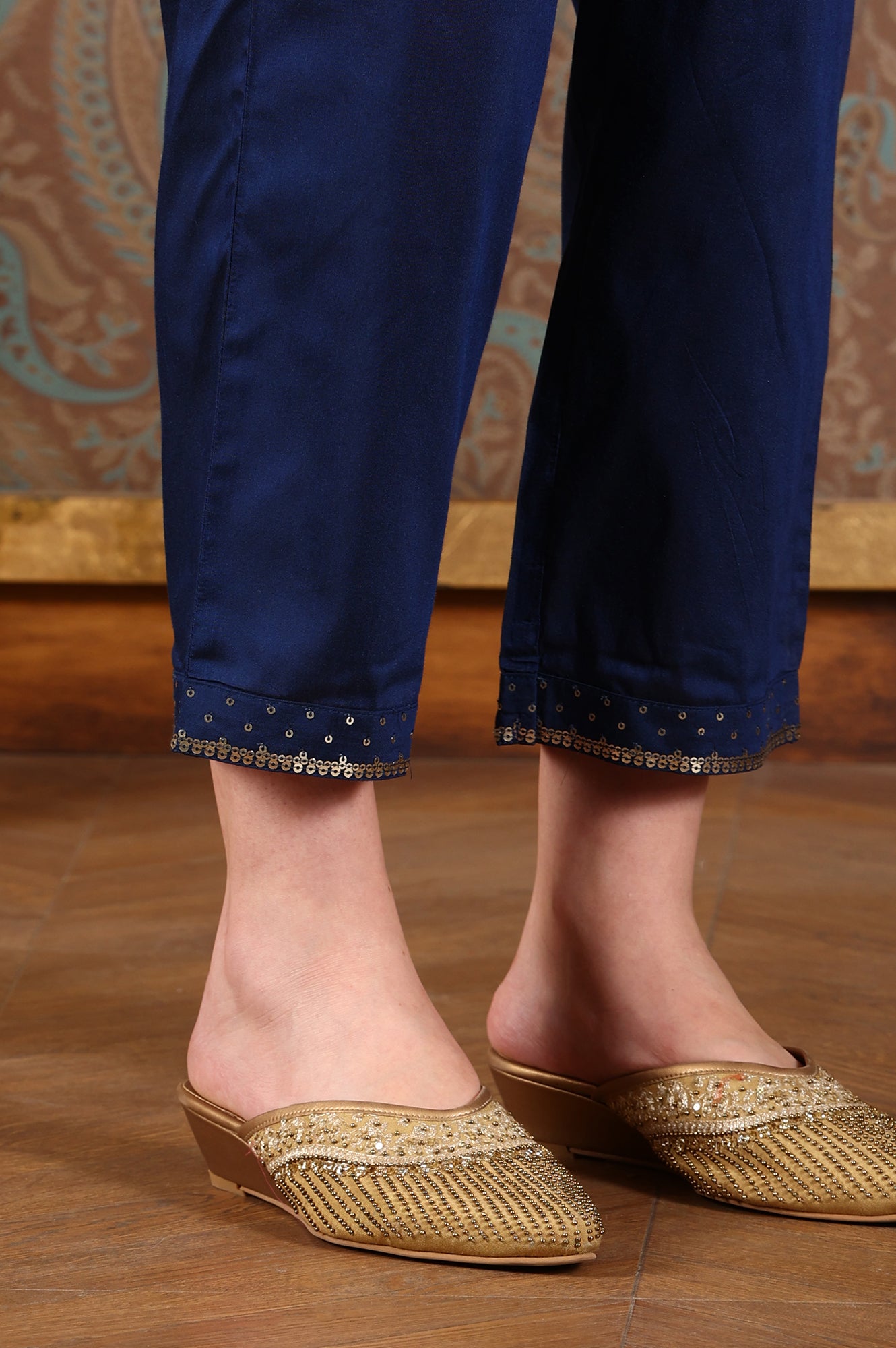 Navy Blue Ankle Length Straight Pants With Embellished Hemline