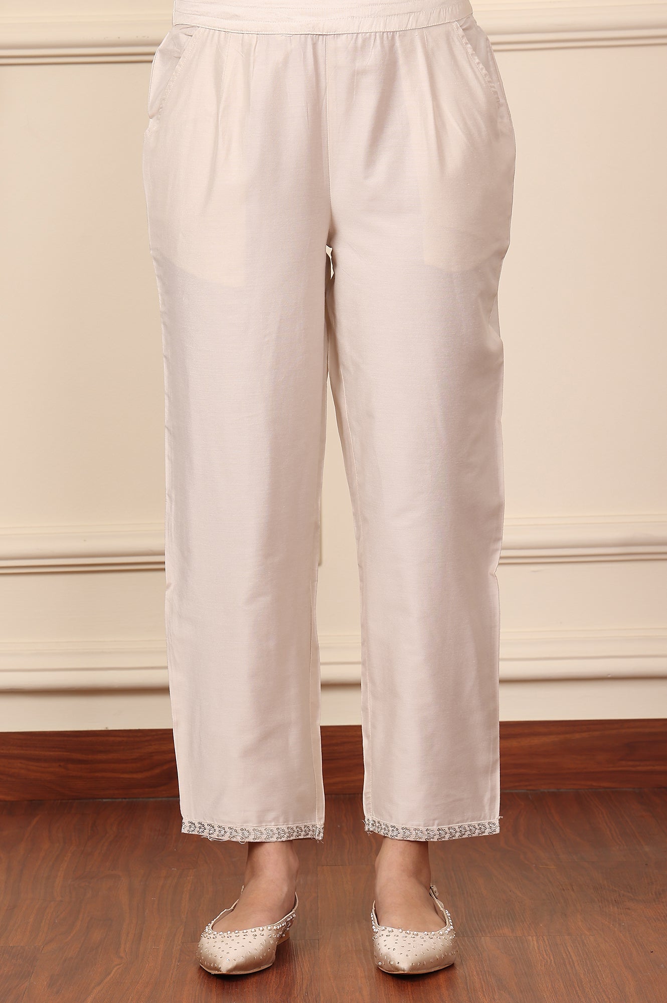 White Straight Pants With Embroidered Hemline - wforwoman