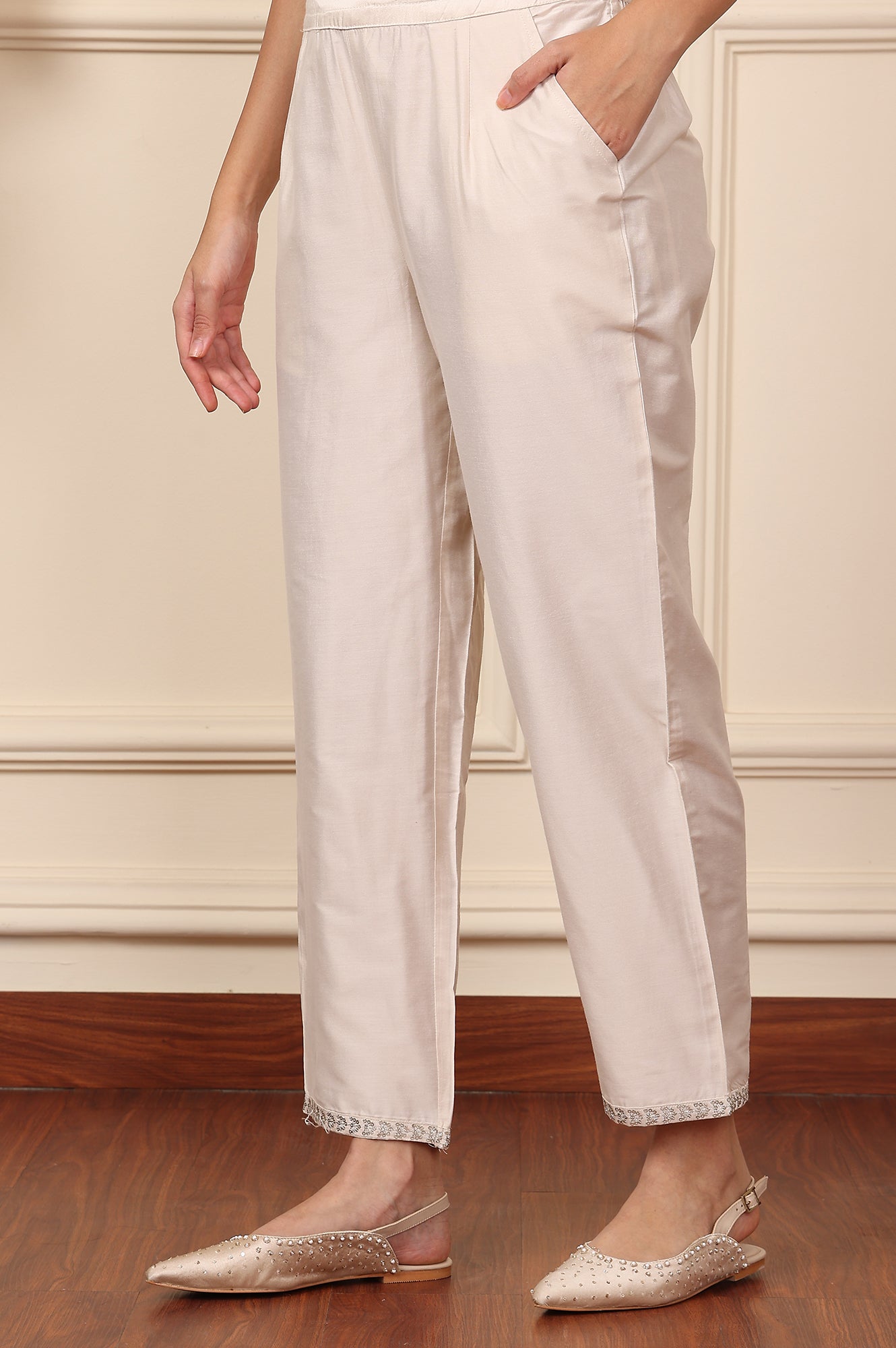 White Straight Pants With Embroidered Hemline - wforwoman