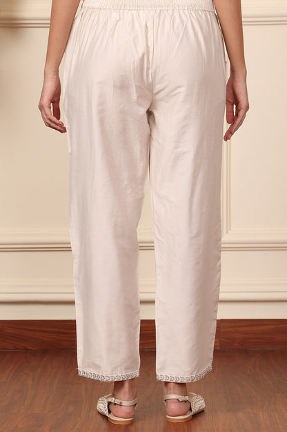 White Straight Pants With Embroidered Hemline - wforwoman