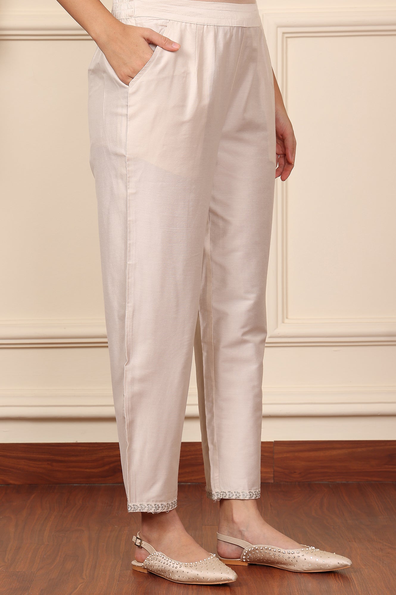 White Straight Pants With Embroidered Hemline - wforwoman