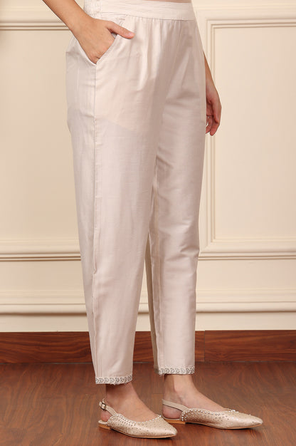 White Straight Pants With Embroidered Hemline - wforwoman