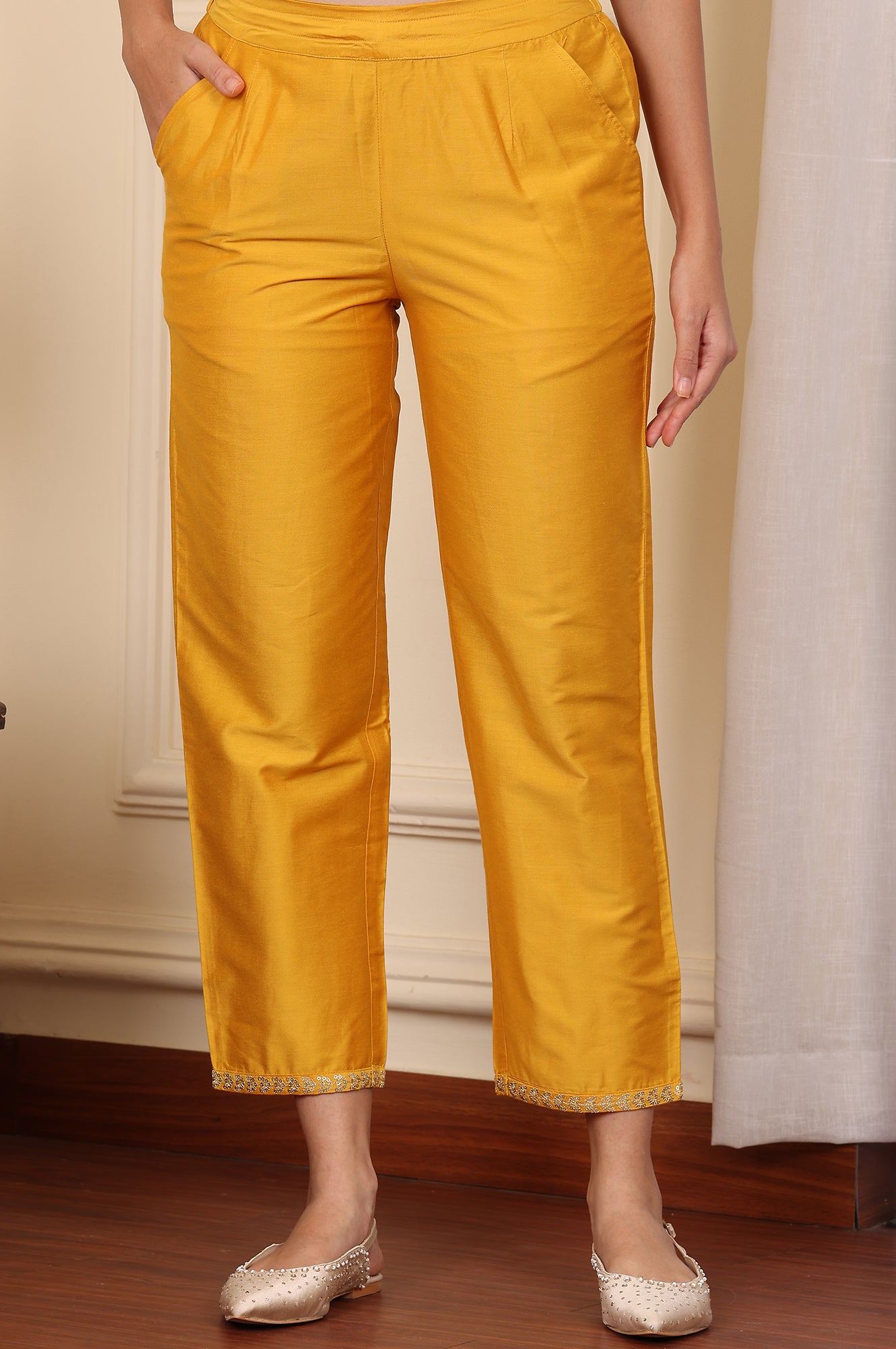 Yellow Straight Pants With Embroidered Hemline - wforwoman