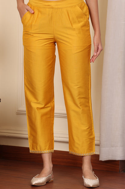 Yellow Straight Pants With Embroidered Hemline - wforwoman