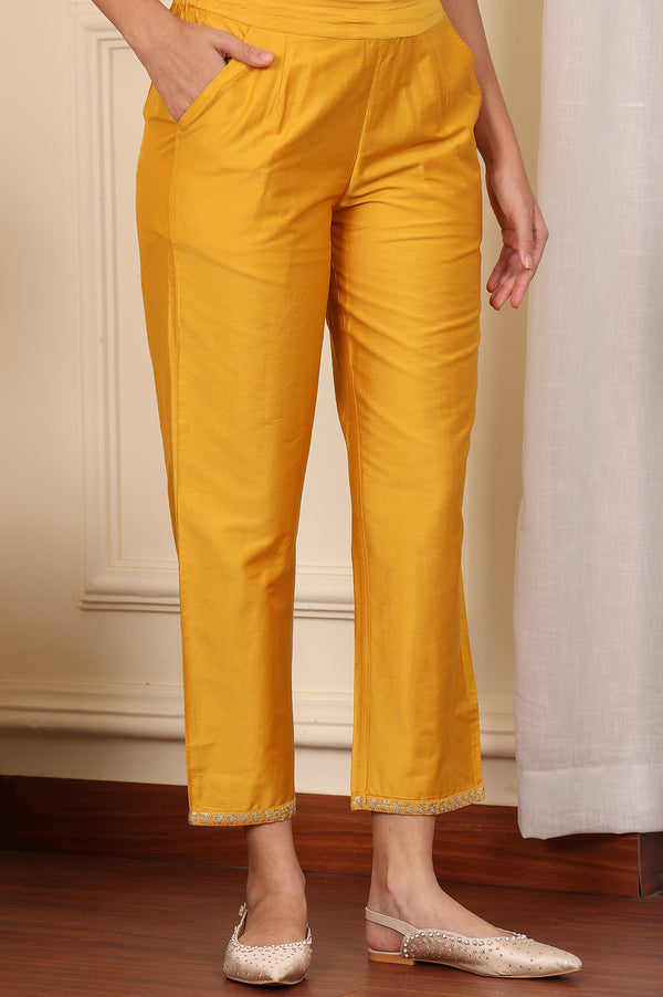 Yellow Straight Pants With Embroidered Hemline