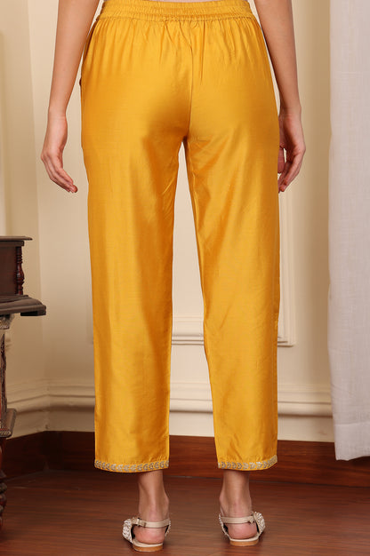 Yellow Straight Pants With Embroidered Hemline - wforwoman