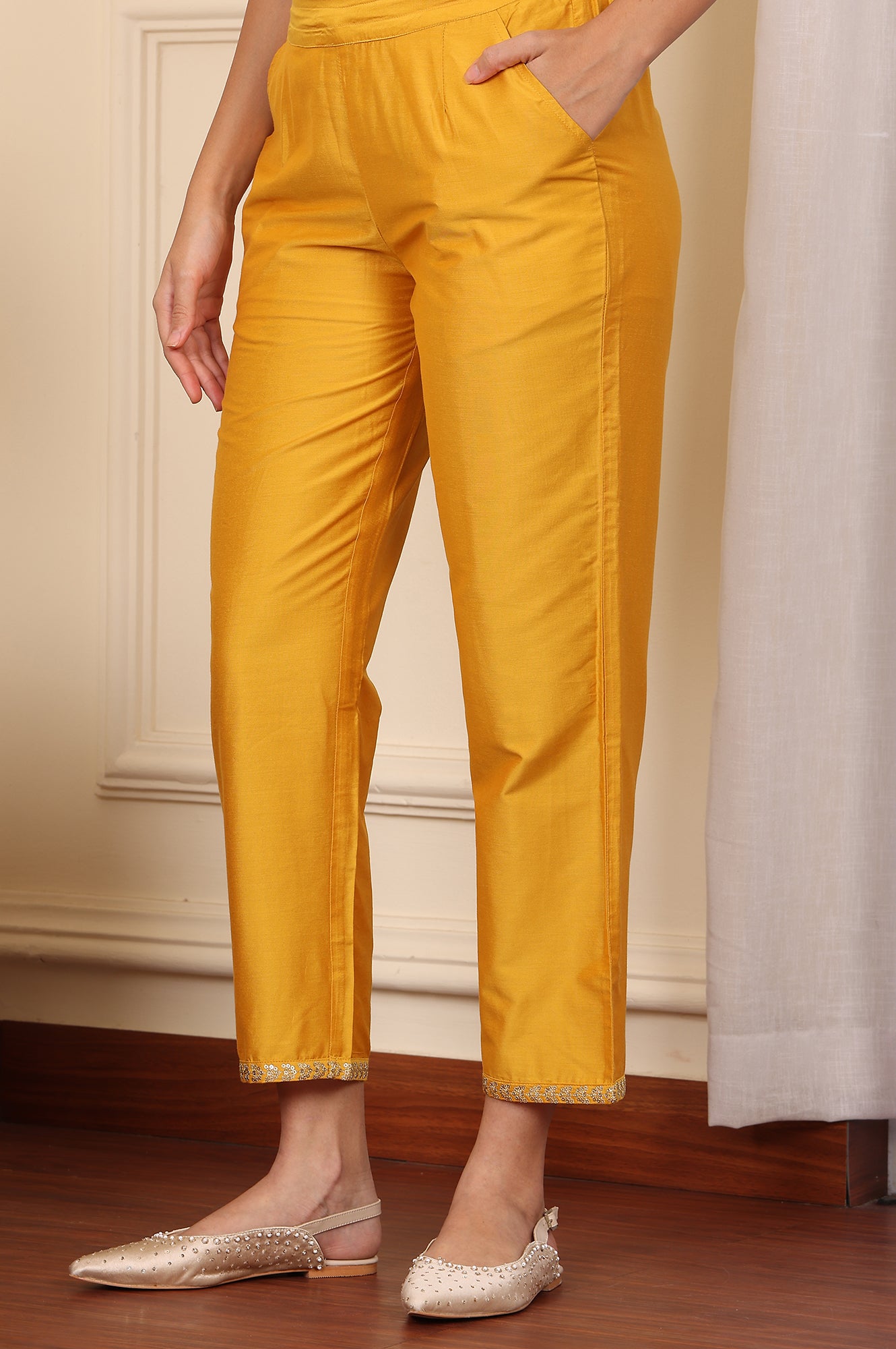 Yellow Straight Pants With Embroidered Hemline - wforwoman