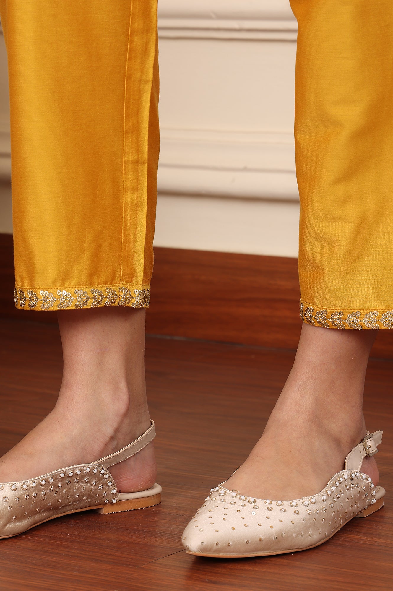 Yellow Straight Pants With Embroidered Hemline