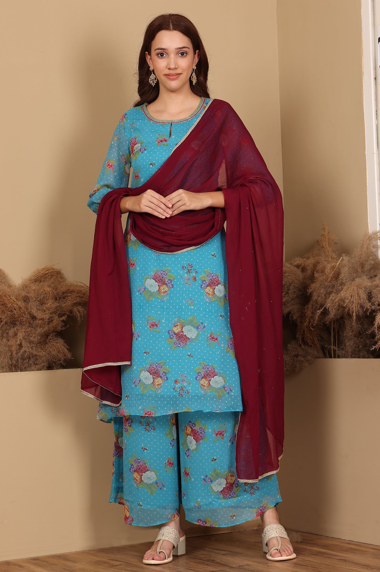 Wine Gold Mukaish Chiffon Dupatta With Gota Patti