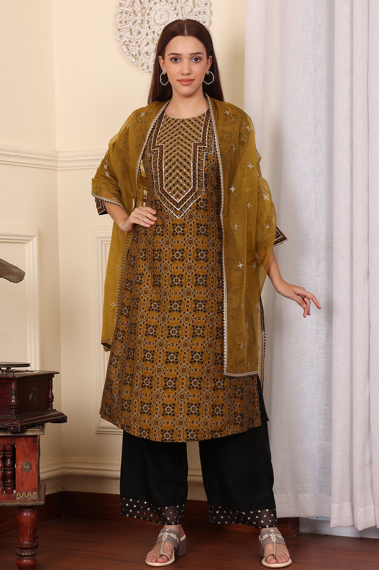 Mustard Yellow Dori Embroidered Organza Dupatta