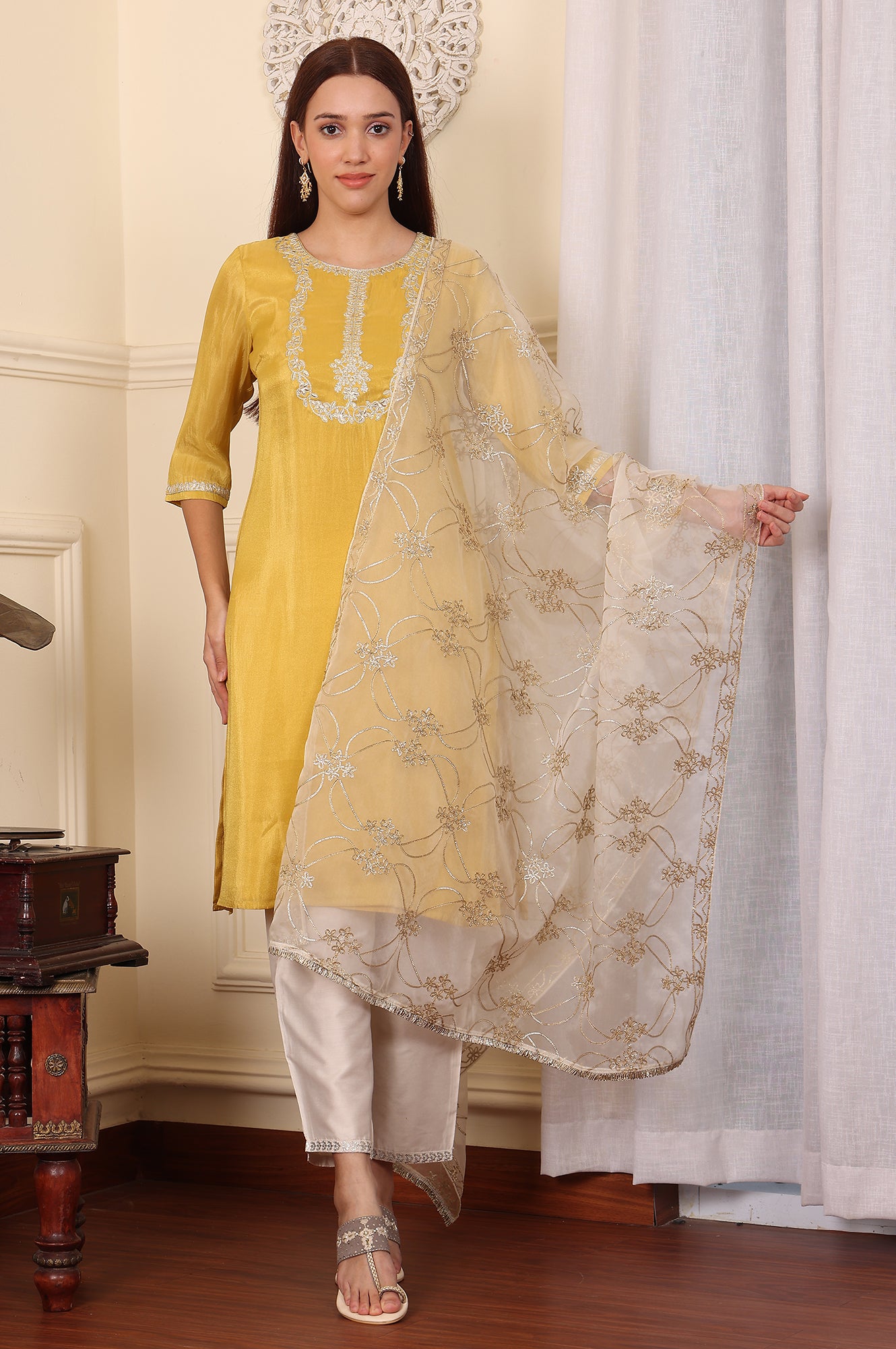 White Gota Embroidered Organza Dupatta