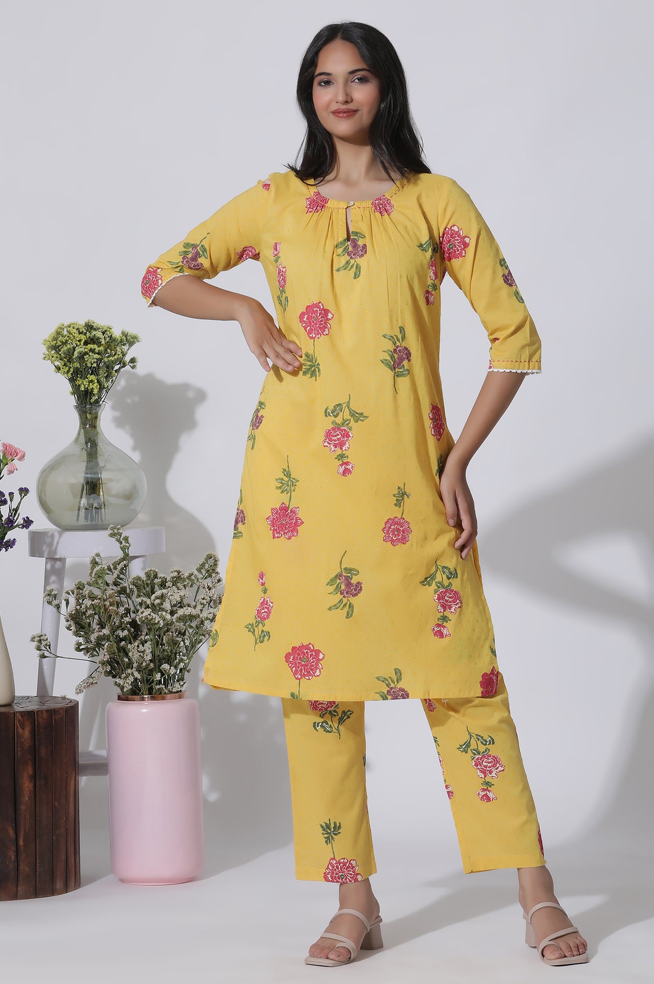 Buttercup Yellow Floral Printed A-Line Cotton Kurta And Pants Co-Ord Set - wforwoman