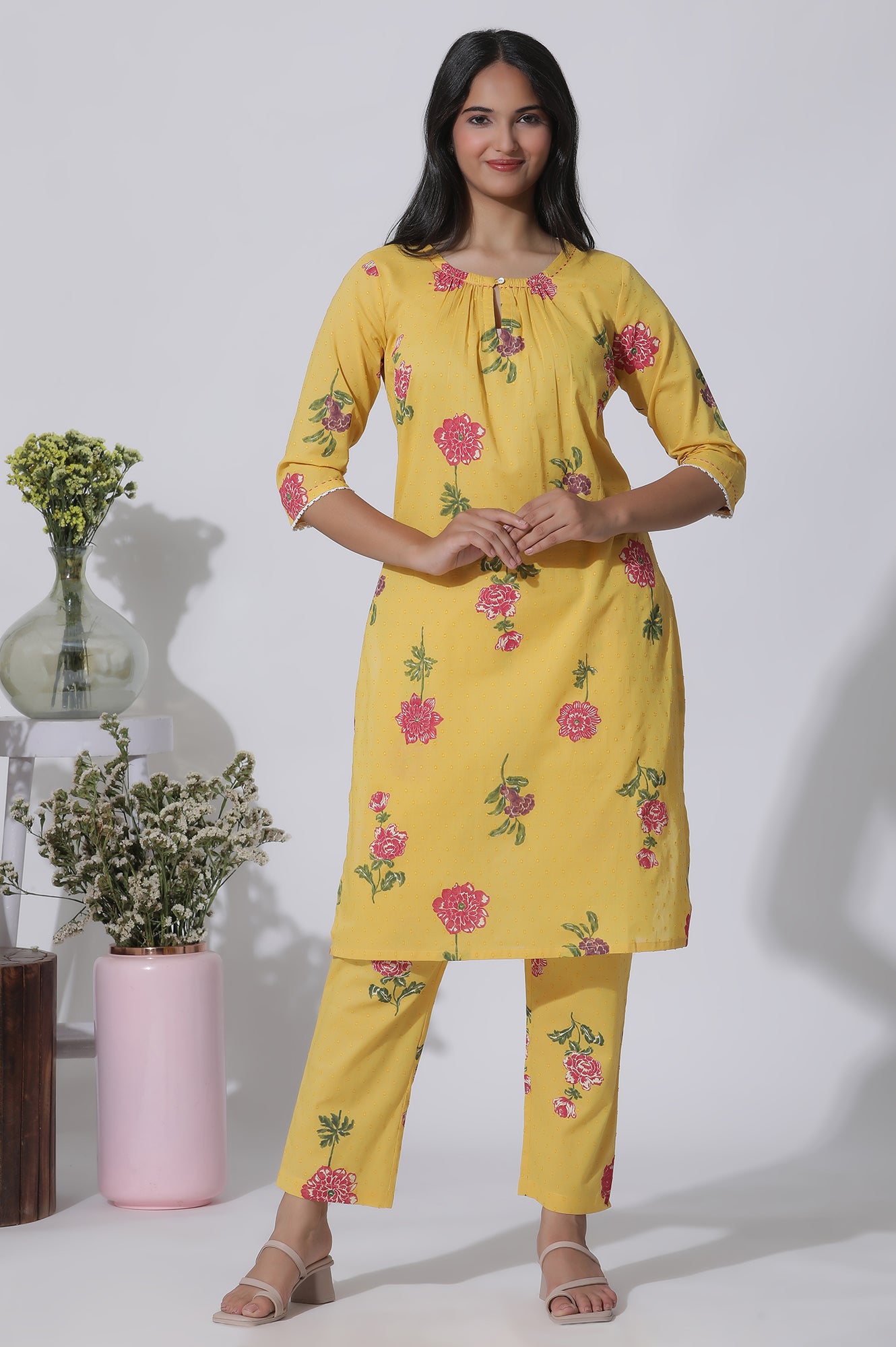 Buttercup Yellow Floral Printed A-Line Cotton Kurta And Pants Co-Ord Set - wforwoman