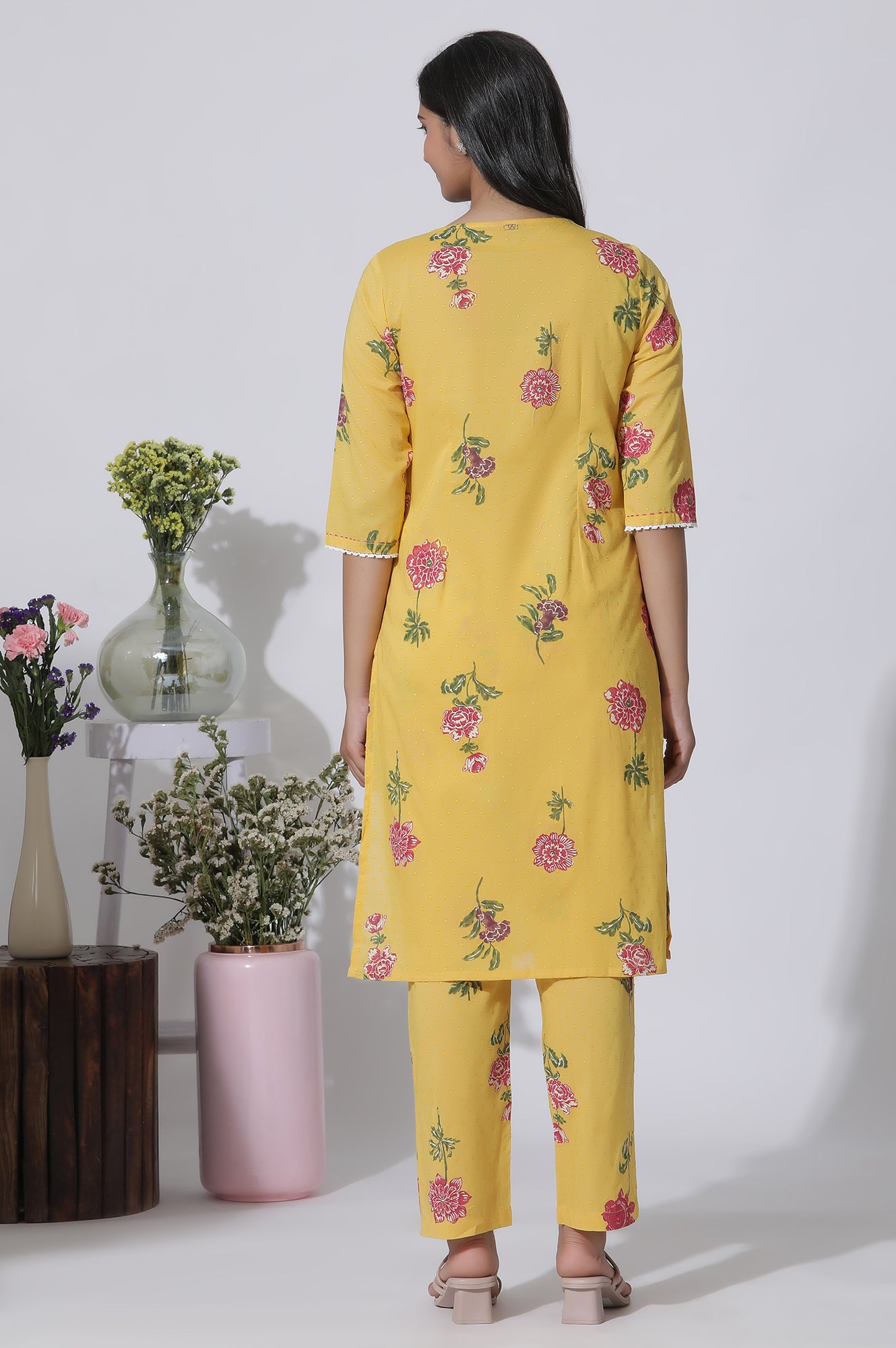 Buttercup Yellow Floral Printed A-Line Cotton Kurta And Pants Co-Ord Set - wforwoman