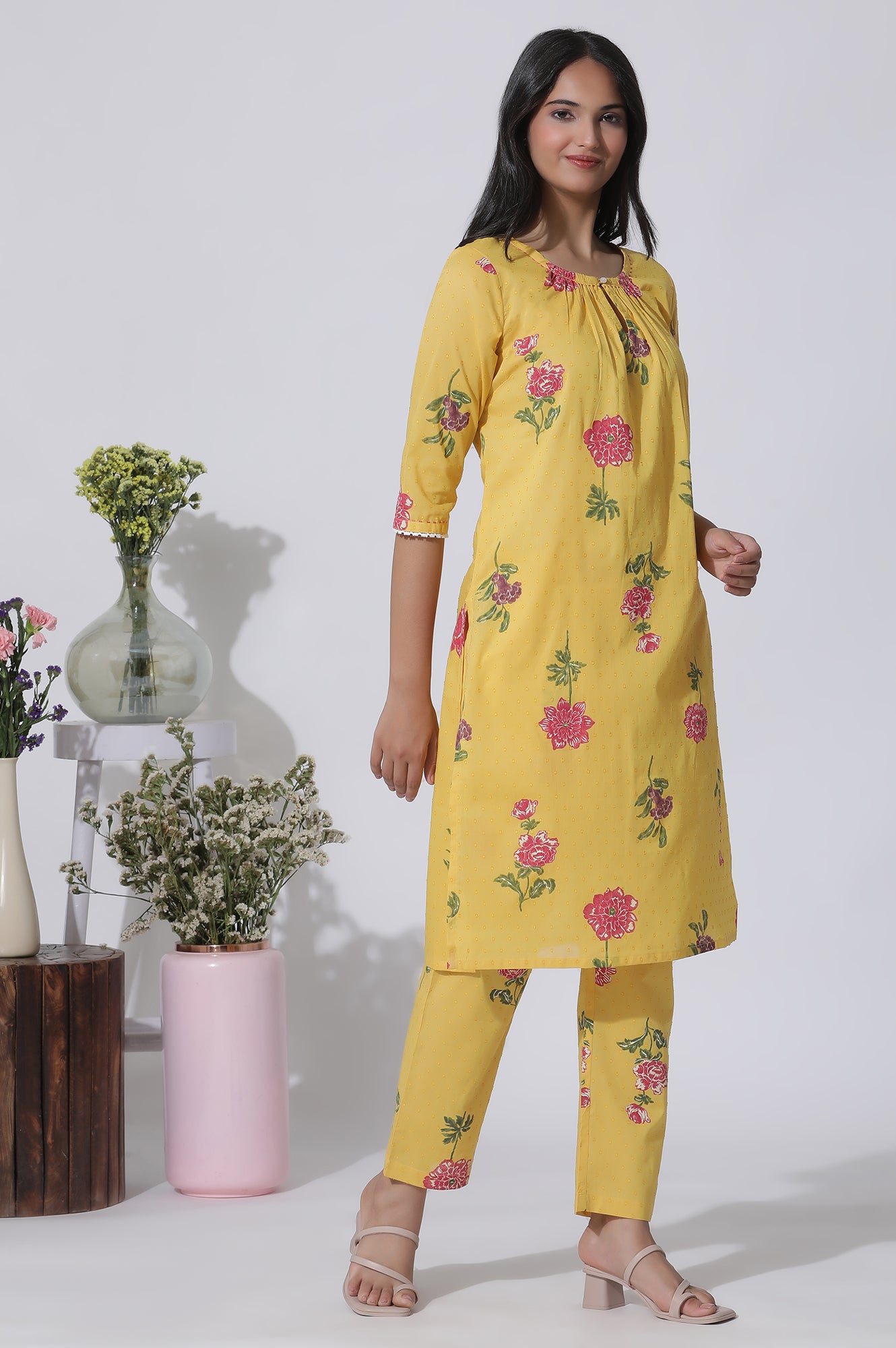 Buttercup Yellow Floral Printed A-Line Cotton Kurta And Pants Co-Ord Set - wforwoman