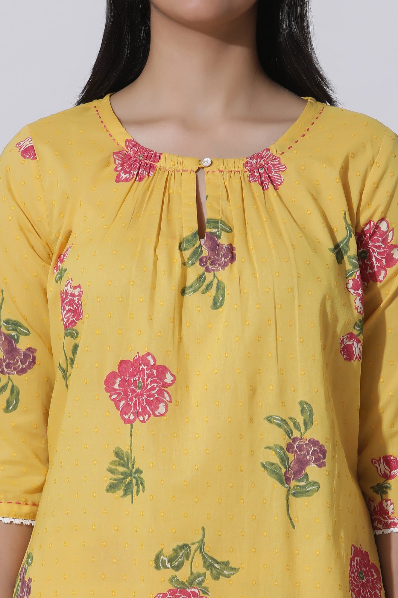 Buttercup Yellow Floral Printed A-Line Cotton Kurta And Pants Co-Ord Set - wforwoman