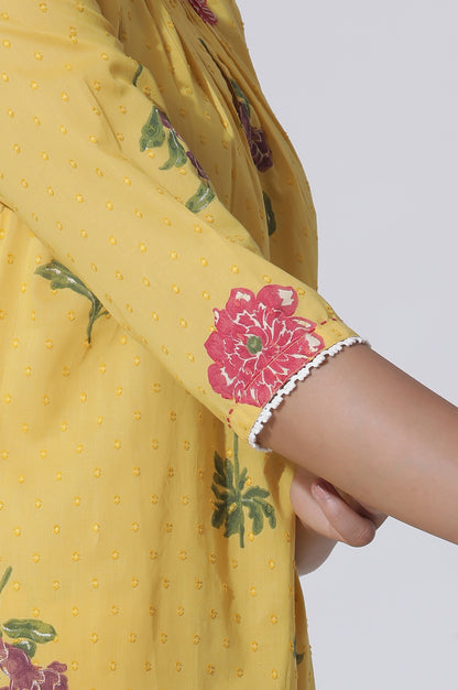 Buttercup Yellow Floral Printed A-Line Cotton Kurta And Pants Co-Ord Set - wforwoman