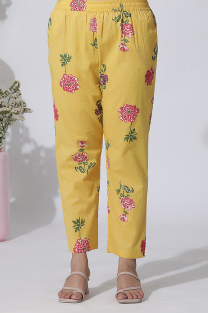 Buttercup Yellow Floral Printed A-Line Cotton Kurta And Pants Co-Ord Set