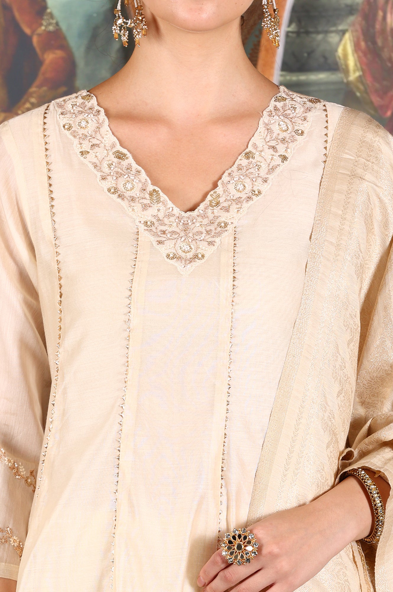 Beige Embroidered Flared Chanderi Kurta, Pants And Dupatta Set