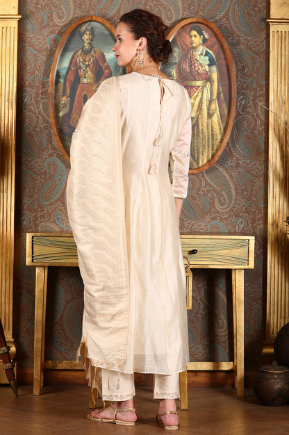 Beige Embroidered Flared Chanderi Kurta, Pants And Dupatta Set