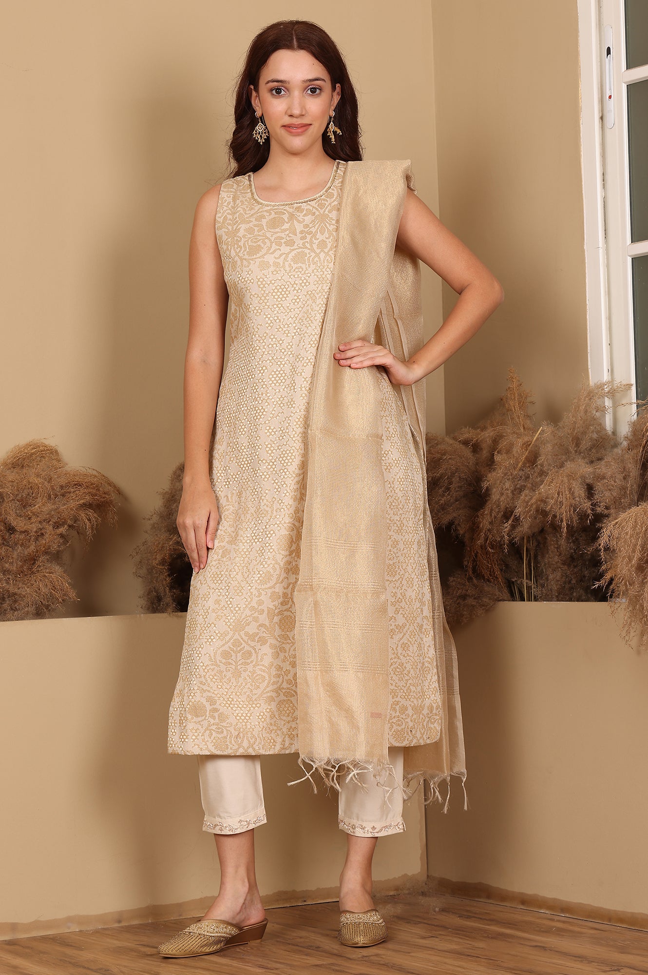 Beige Jacquard Sleeveless Embellished Kurta, Pants And Dupatta Set - wforwoman