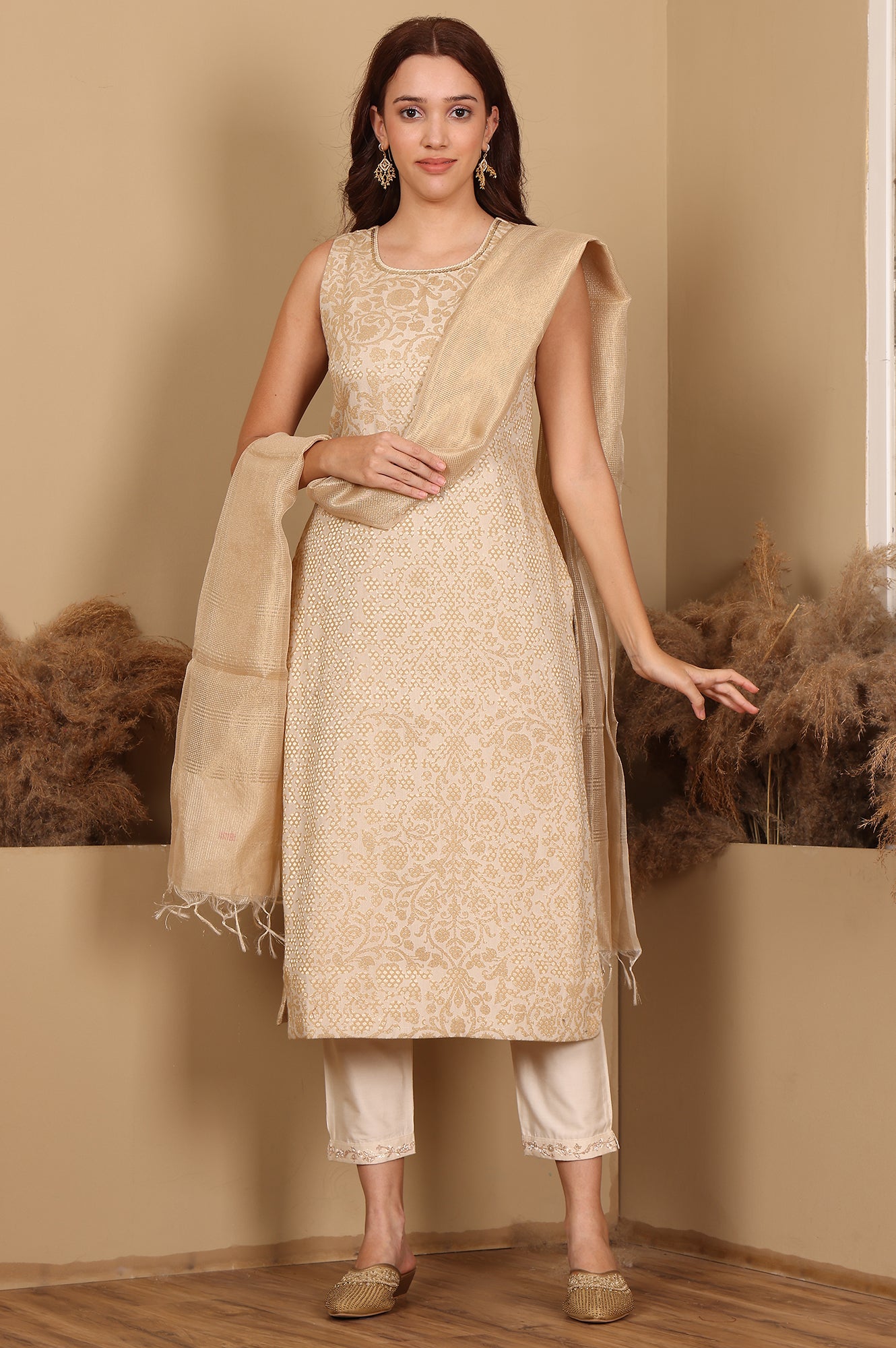 Beige Jacquard Sleeveless Embellished Kurta, Pants And Dupatta Set - wforwoman